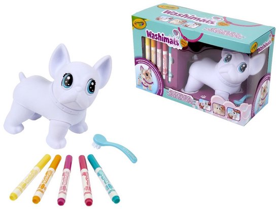 Witte Franse Bulldog Washimal met grote blauwe ogen en een halsband, met vijf Washimals stiften en een blauw borsteltje, naast de verpakking.