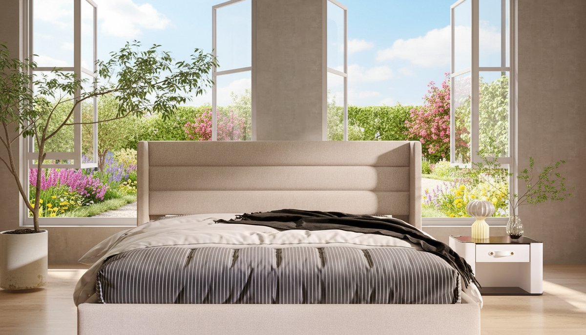 Hydraulisch Opbergbed 160x200 cm Casa Velluto – Modern Linnen Bed met Gevoerd Hoofdeinde, Ruime Onderopslag, Houten Lattenbodem en Stevige Metalen Structuur – Beige Slaapkamermeubel