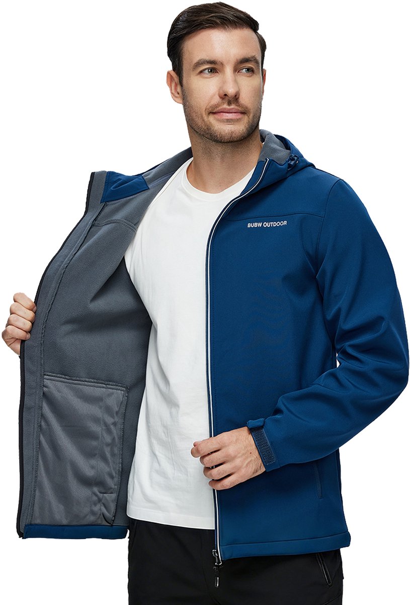 BUBW® Windjack Outdoorjas Heren Softshell Jas met Capuchon Winddicht Waterafstotend Ademend Fleece Gevoerd Rits Zakken Outdoor Blauw