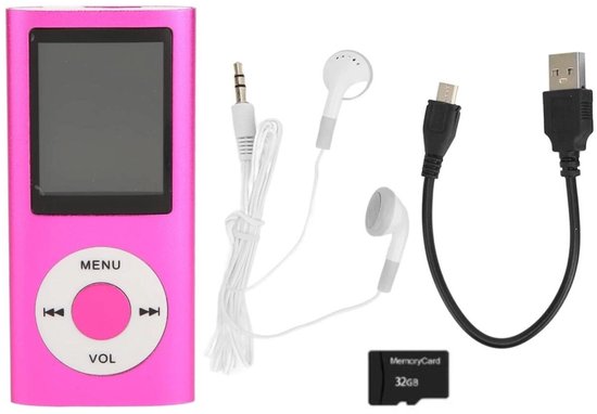 Roze MP3-speler met display, oordopjes, USB-kabel en 32GB SD-kaart.