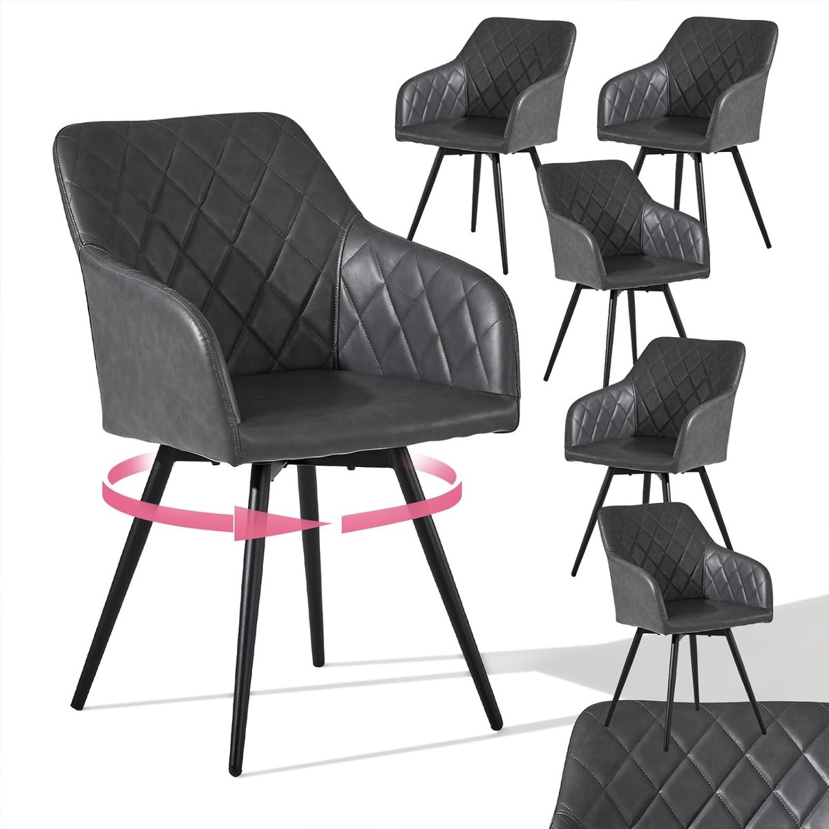 Draaibare Eetkamerstoelen Set van 6 – 55x54x83 cm – Luxe Kunstleer Grijs – Ergonomische Armleuning Stoel met 360° Draaifunctie – Hoge Rugleuning Comfort Stoelen – 150 kg Draagvermogen – Abkantoor