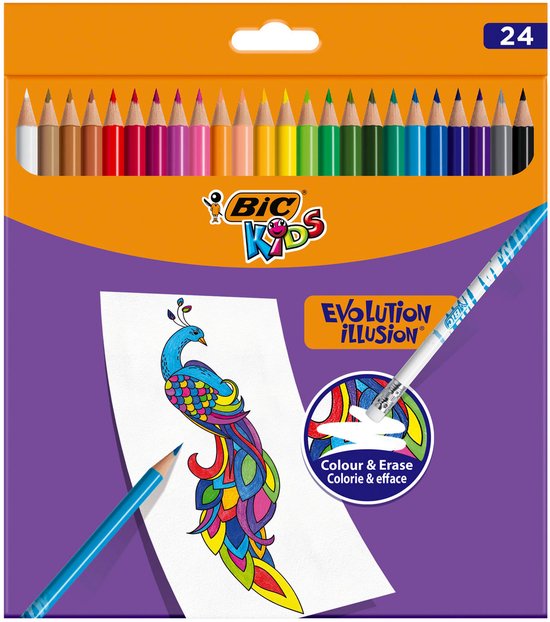 Doos met 24 BIC Kids Illusion kleurpotloden, met een pauw tekening.