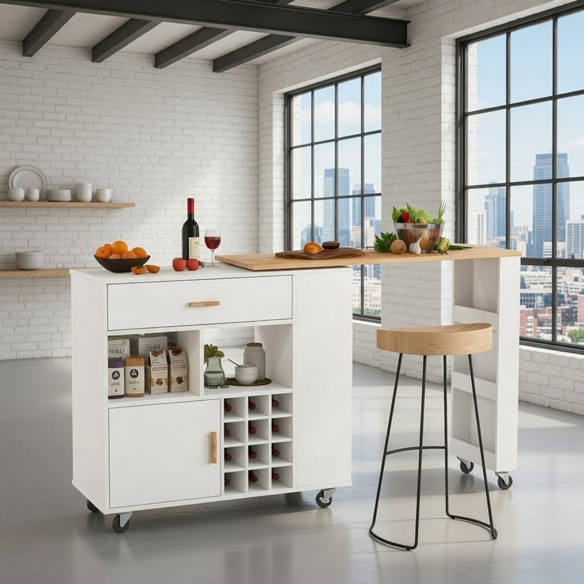 Luxe Keuken- en Bartafelwagen 2-in-1 – Mobiele Keukentrolley met Wijnrek, Lade en Kruidenrek, Houten Werkblad, Keukenkast met Wielen – Wit Casa Serena – Afmetingen op aanvraag – Casa Dorada