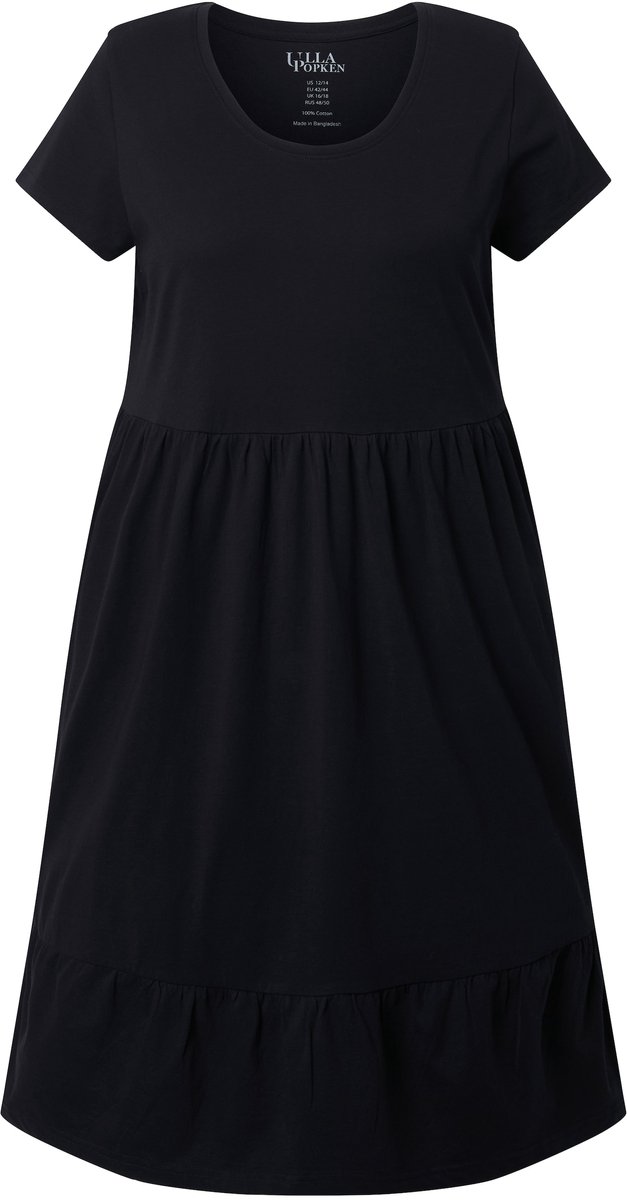 Ulla Popken Dames - Jersey jurk A-lijn ronde hals halflange kapmouwen zakken - Zwart - Maat 46+