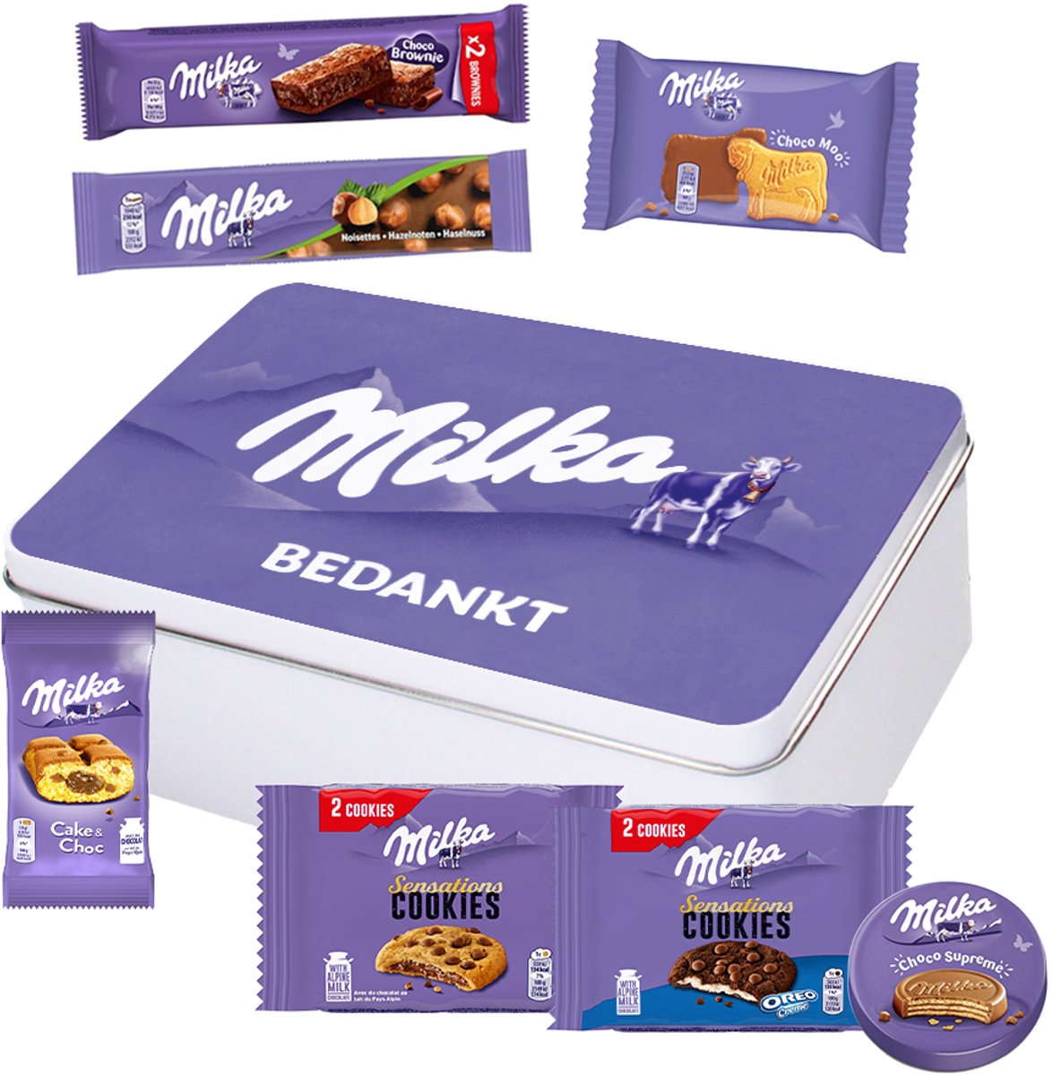 Milka Mix Collection Box "Bedankt" - Choco Supreme, Cake & Choc, Choco Moo, Brownie, Hazelnootreep, Cookies Choco & Sensations Cookies - 451g