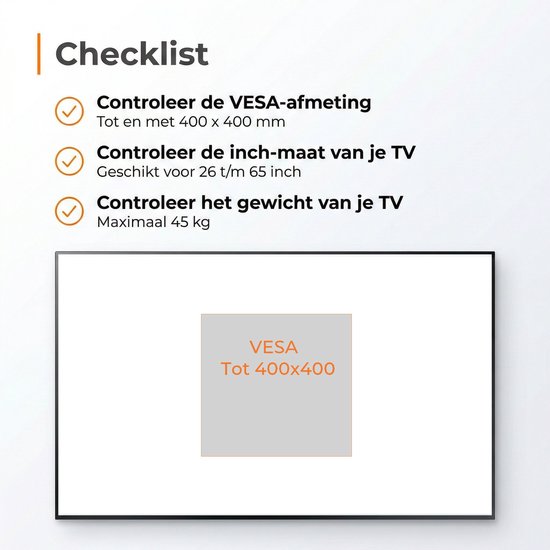 Checklist voor tv-muurbeugel: VESA tot 400x400mm, geschikt voor 26-65 inch tv's, maximaal 45 kg.