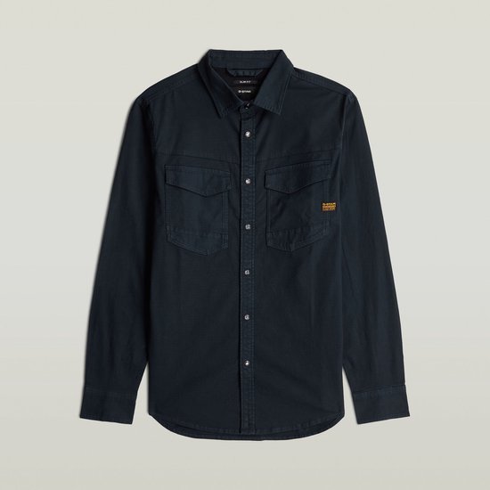 Donkerblauw G-Star slim fit overhemd met twee borstzakken, liggend.