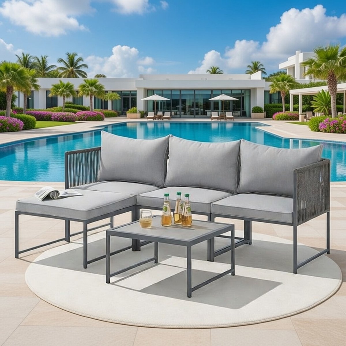 Detroit Luxe Modulaire Polyrotan Loungeset met Hoekbank, Chaise Longue en Tafel – Grijs Merk: Casa Serena – Afmetingen op aanvraag – Casa Dorada
