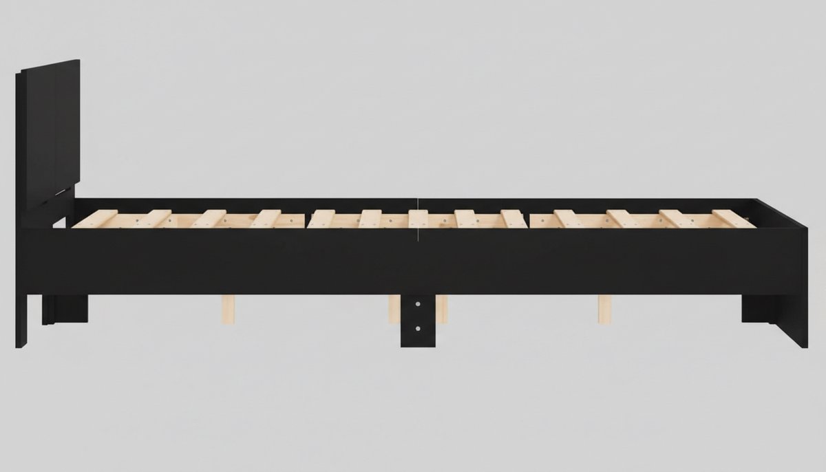 Bedframe 120x200 cm met Hoofdbord en Lattenbodem – Casa Velluto Nero Modern Zwart Twijfelaar Bed – Houten Tweepersoonsbed voor Slaapkamer – Inclusief Montagekit