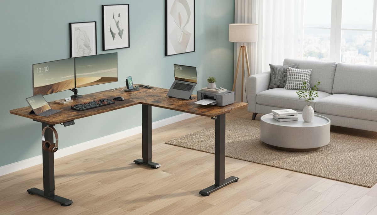 Electric Desk L-vormig Casa Velluto ErgoCorner 140x160 cm – In Hoogte Verstelbaar Zit-Sta Bureau met Geheugenfunctie voor 2 Hoogtes, USB-A & Stopcontact, Rustiek Bruin + Inkt Zwart – Perfect voor Thuiskantoor, Gaming & Studie