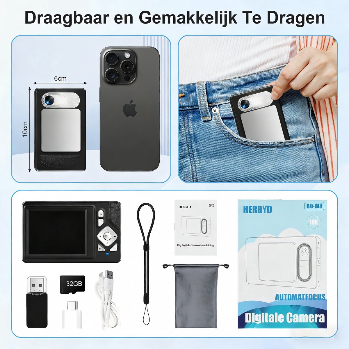 4K Digitale Camera voor Beginners & Kinderen - 48MP Fotocamera met Autofocus - 18X Zoom - Compact Camera met 2.8" Scherm - Inclusief 32GB SD-kaart & Handig Opbergzakje - Zwart thumbnail 5