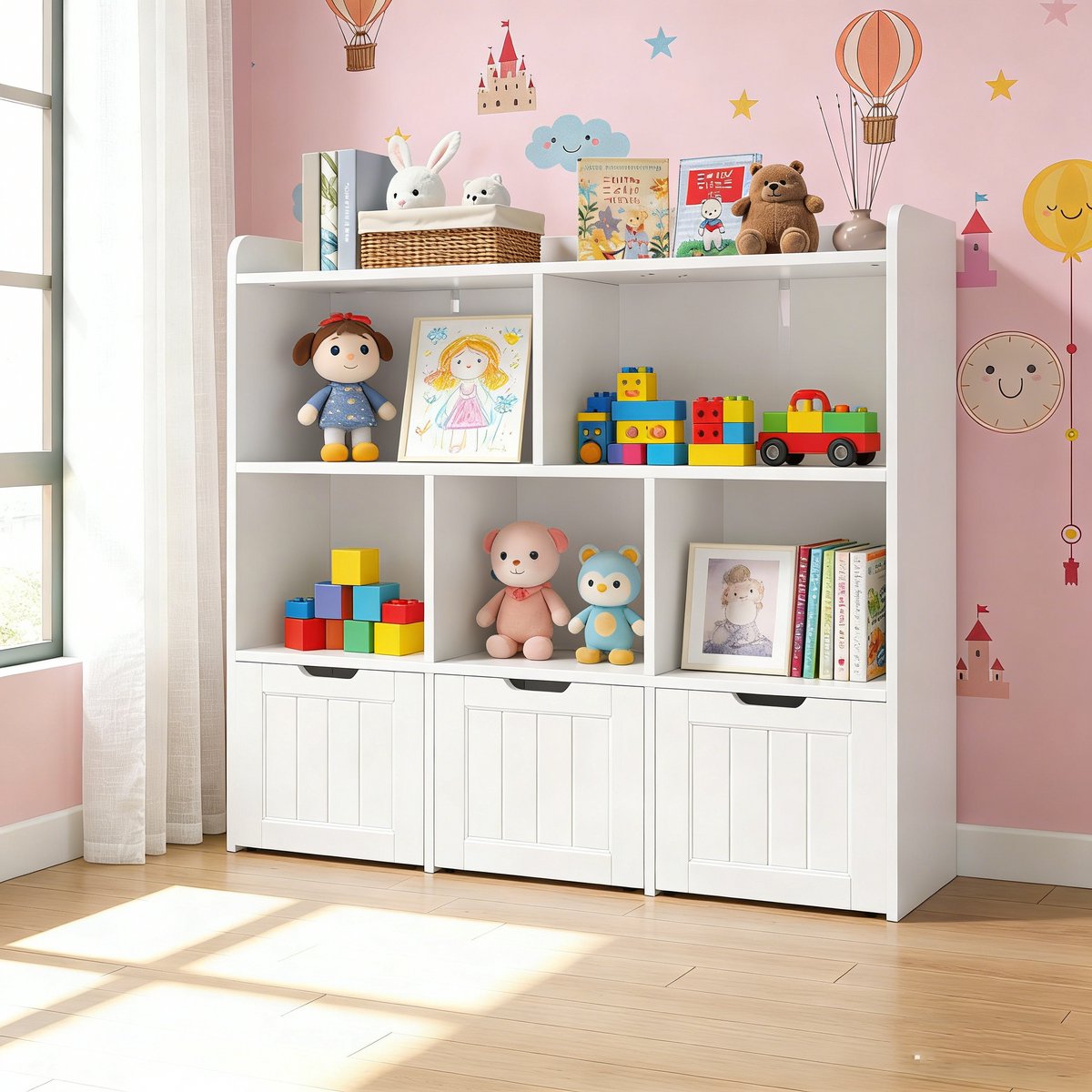 Bealife AP81 Kinder Opbergmeubel - Speelgoedkast & Boekenplank voor kinderen met 3 Rollende Laden & 9 Opbergzones - Wit
