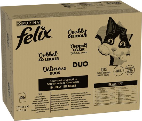 Felix Countryside Selectie in Gelei: Duo met rund, gevogelte, kalkoen, lever, eend en lam. 120 x 85g.
