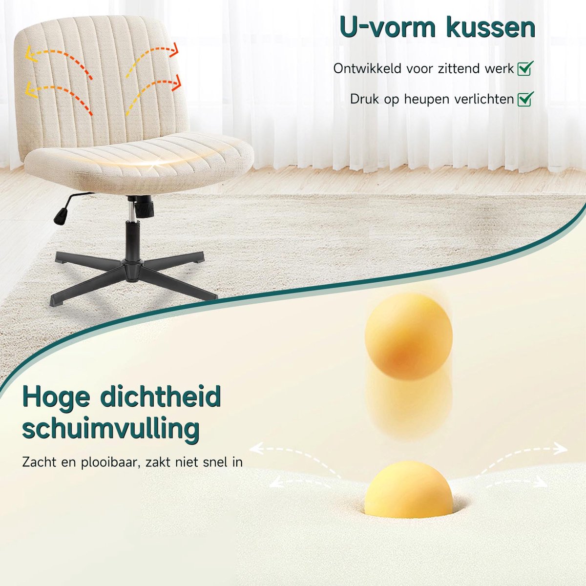 Hengjian Bureaustoel Stoffen Draaistoel Hoogte Verstelbaar Beige - afbeelding 3