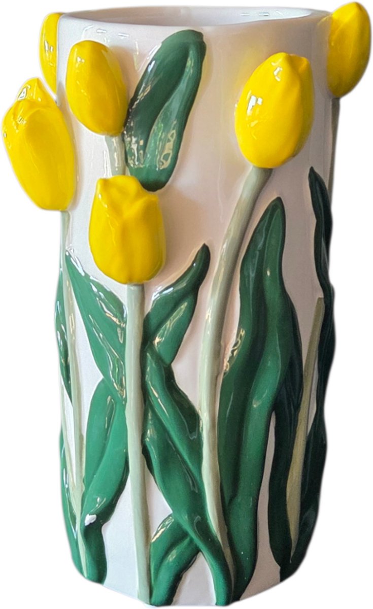 DK design Daan Kromhout - Vaas - Bloemenvaas - Tulpen - Geel - 14x23 - Cilinder - Keramiek Wit