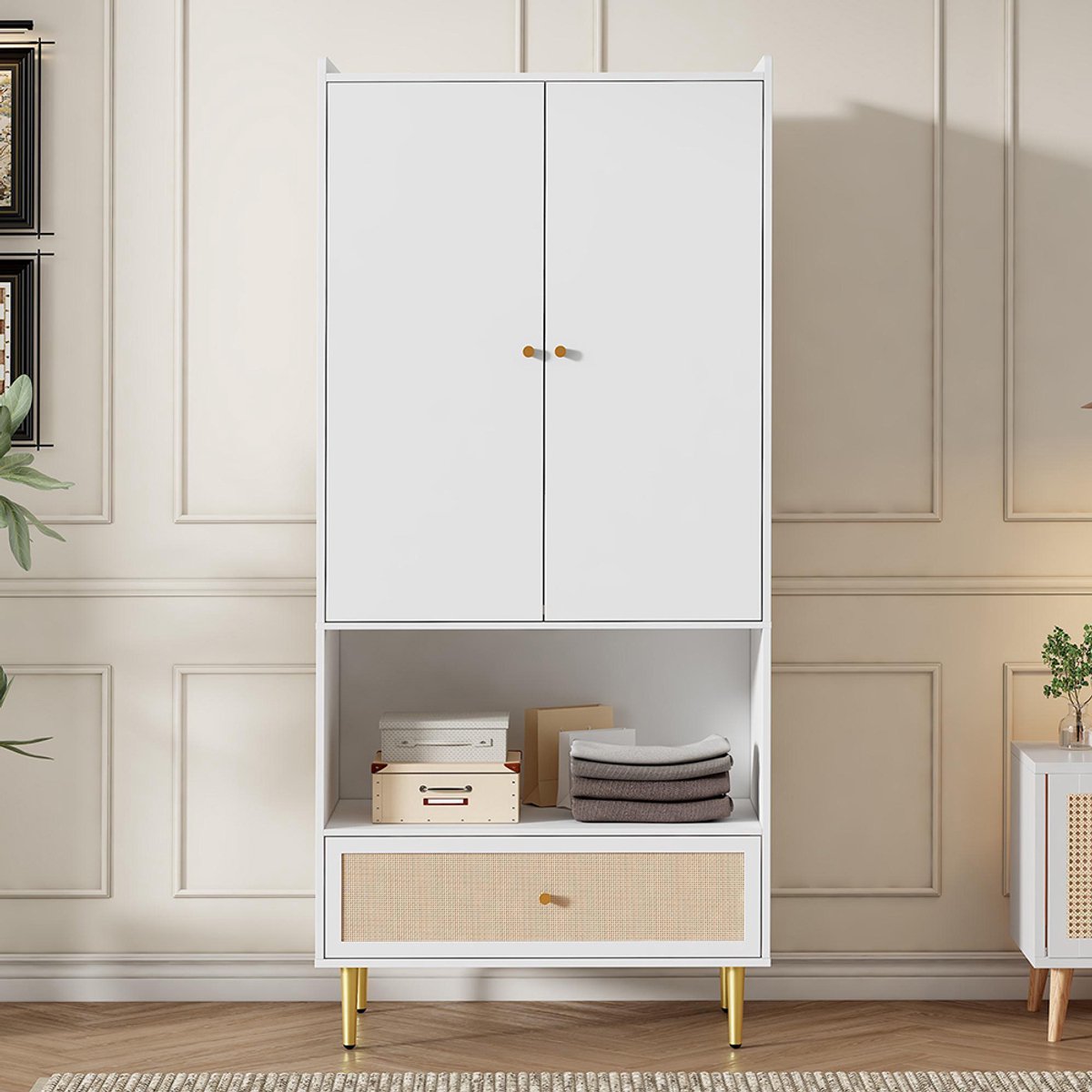 BLACKCOLORS Kast met 2 deuren, grote rotanlade en kledingstang. Slaapkamerkast met metalen poten en handgrepen – ideaal voor de slaapkamer en de woonkamer. Kleur: wit, afmetingen: 80 x 48 x 175 cm