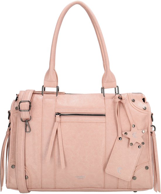 Lichtroze shopper met ritssluiting, metalen studs en een sterhanger.