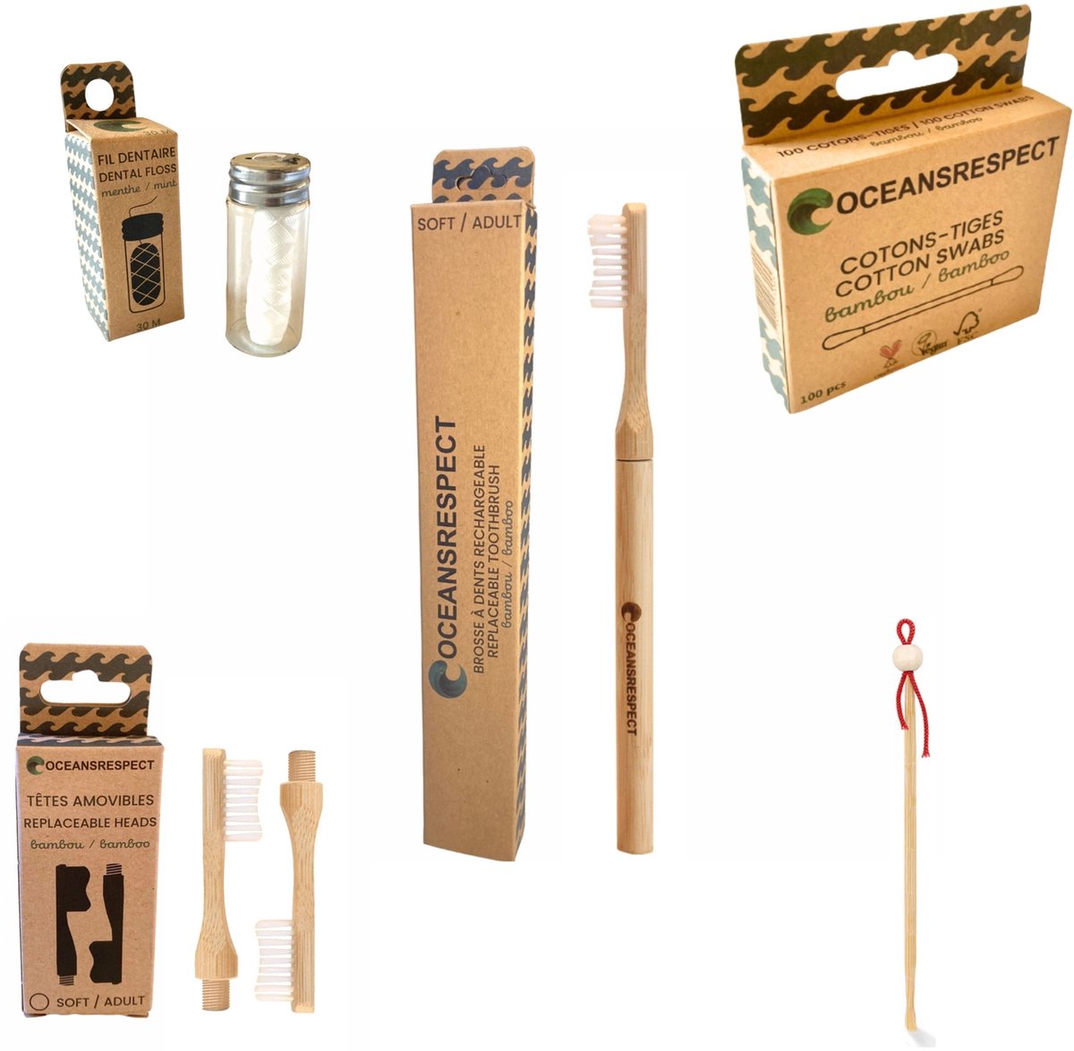 Set van 5 producten Duurzaam bamboe Zero waste- tandborstel met verwisselbare koppen - oor reiniger - tandzijde van maïsvezel 5 stuks