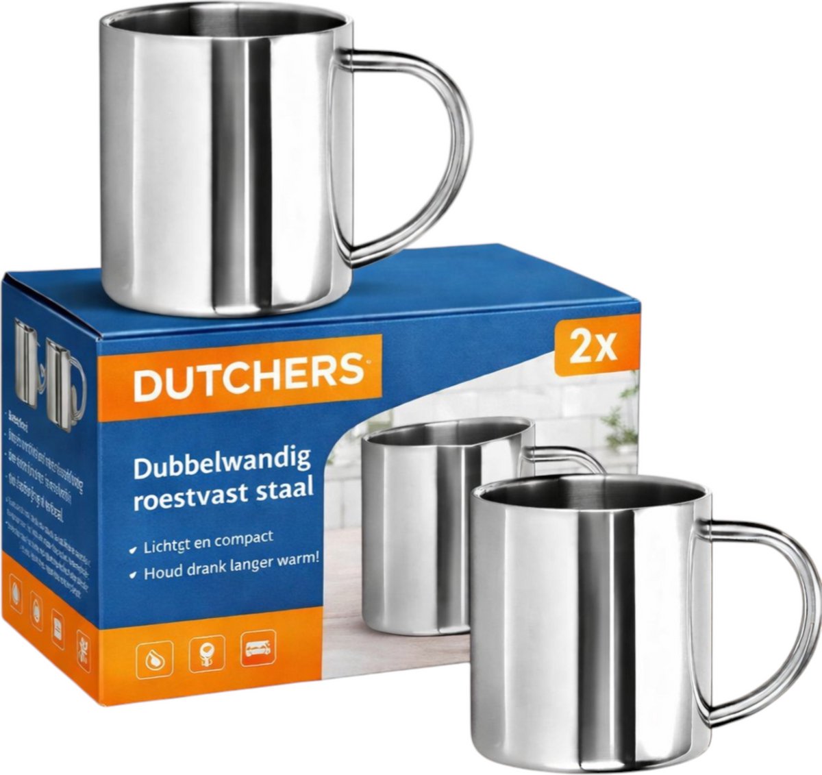 Dutchers® RVS Thermo Mok - Set van 2 - Dubbelwandig - 300 ml - Geïsoleerde Koffiemok - Roestvast Staal - Onbreekbaar - 9 cm