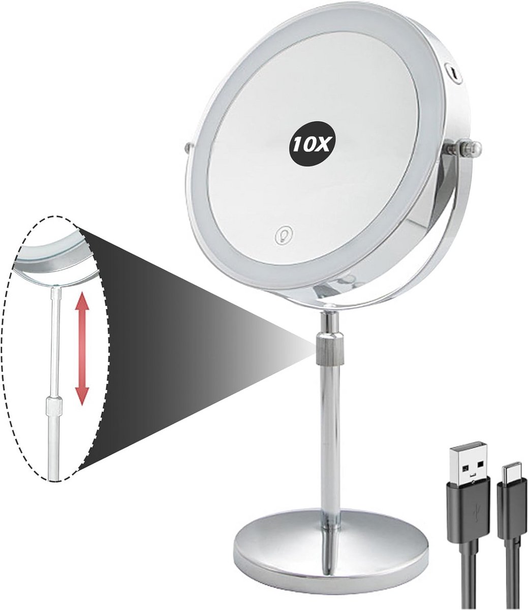 Vergrotingsspiegel met LED Verlichting en 10x Vergroting, USB Oplaadbaar