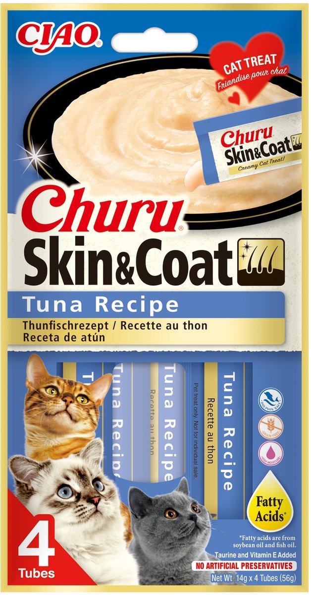 Tonijnchuru voor katten - huid en haar 4 stick - 14g|Tuna churu for cats - skin and hair 4 sticks of 14g|Churu de thon pour chat - peau et poils 4 sticks de 14g
