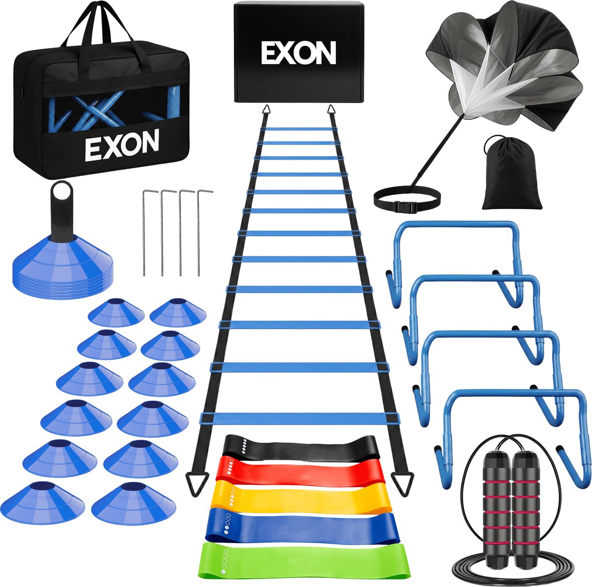 Exon® Voetbal Trainingsmateriaal – Voetbal Spullen Training – Sport Spullen – Voetbal Training Artikelen – Bevat Agility Ladder – Voetbal Pionnen – Verstelbare Hordes – Springtouw – Sprint Parachute – Weerstandsbanden - Blauw