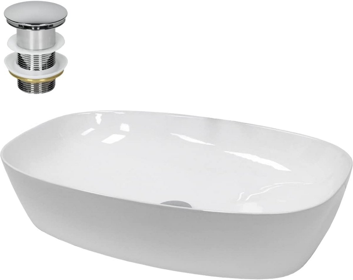Ovale Keramische Wastafel Wit 605x380 mm Opzetmodel Inclusief Afvoerset