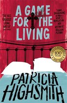 Boekcover van "A Game for the Living" met een rode achtergrond, een bed met witte lakens en kussens, en de titel in blauwe letters.