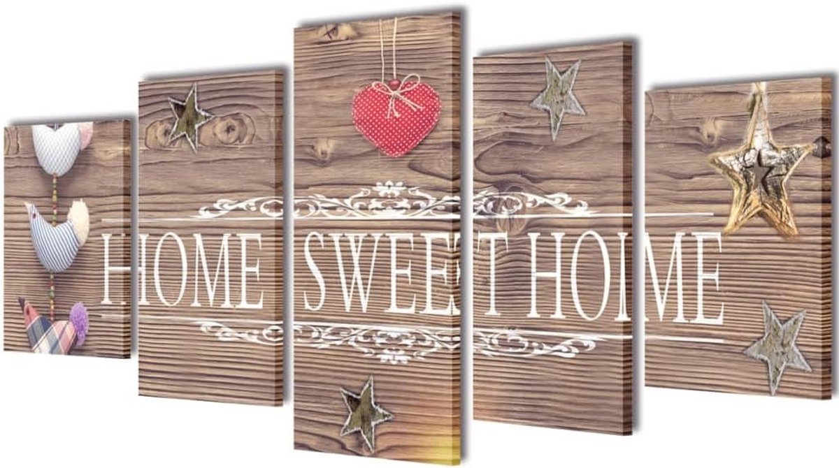 Set van 5 Canvas Schilderijen 'Home Sweet Home' - Wanddecoratie 100x50 cm