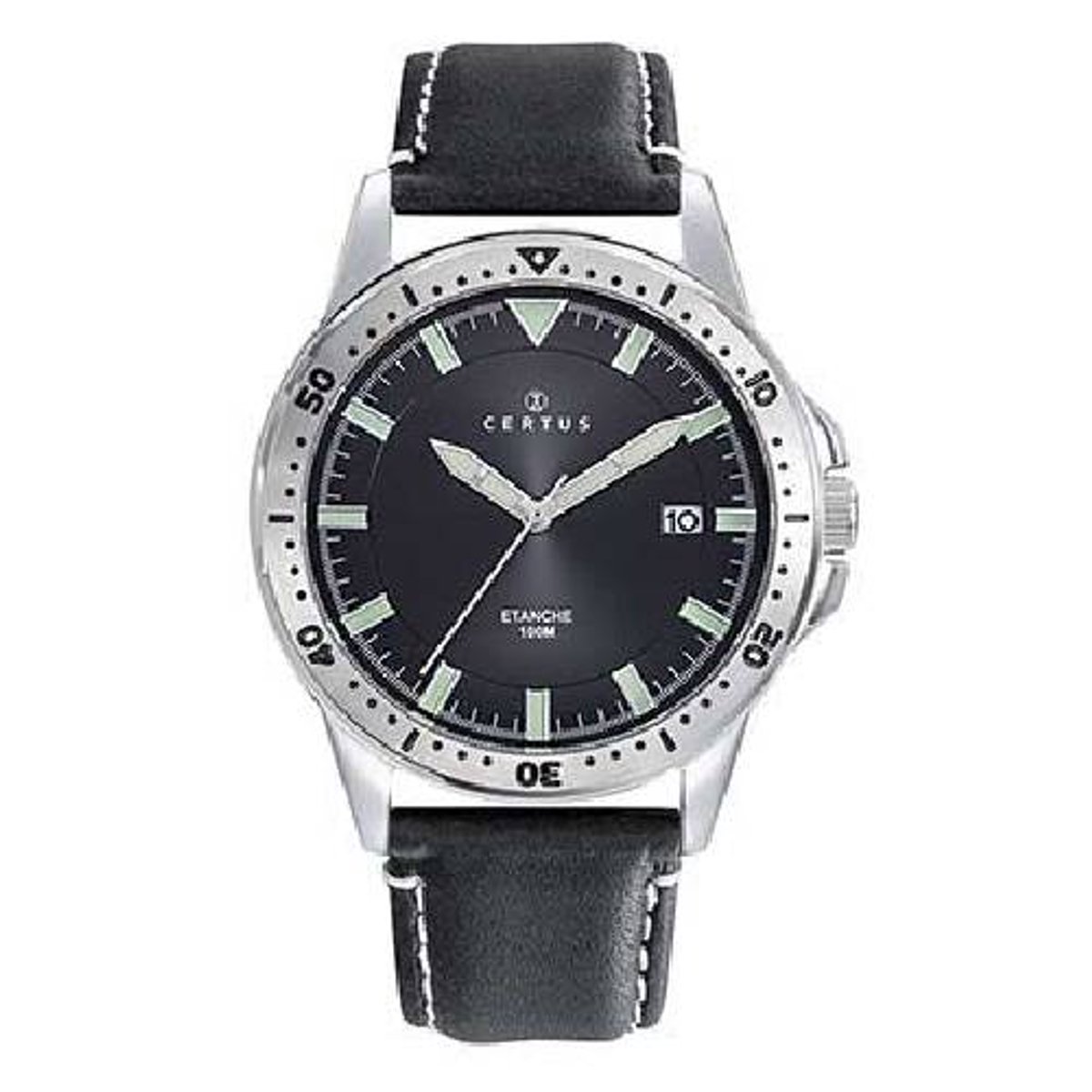 Certus-Herenhorloge-model 611311-lichtgevende wijzers-zilverkleurig edelstaal-zwart leder-10 bar waterdicht-diameter 40 mm-gemaakt in Frankrijk-