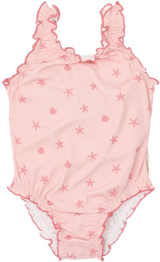 Roze baby badpak met schelpjes- en stervormige print, ruches aan de schouderbandjes en zoom.