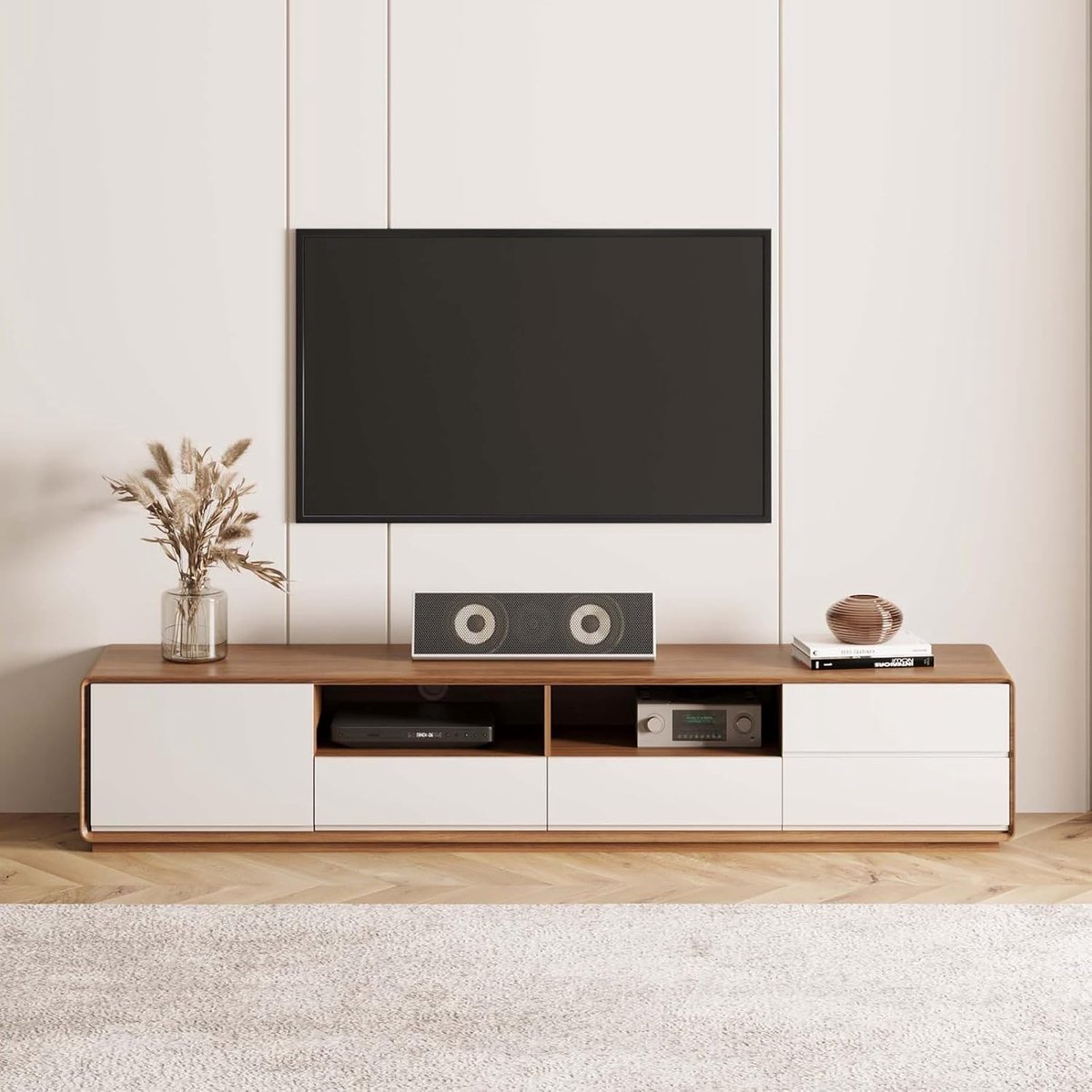 TV-Lowboard 180 cm – Modern Woonkamermeubel met Laden en Open Opbergruimte, Walnootfineer en Wit – Luxe TV-Kast, Multimediaconsole voor Televisie – Abkantoor
