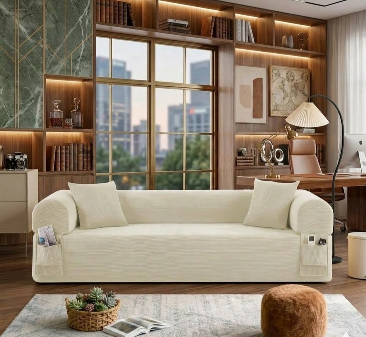Moderne Driezitsbank 200 cm - Frameloze Corduroy Woonkamerbank met 2 Kussens en 2 Poefs - Luxe Slaapbank & Modulaire Bank voor Woonkamer of Slaapkamer Beige - Casa Serena