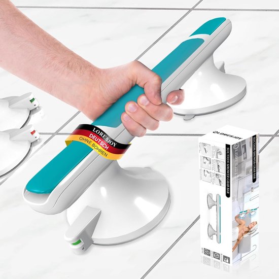 Hand met een turquoise en witte handgreep met zuignappen, met een verpakking met Duitse vlag en tekst.