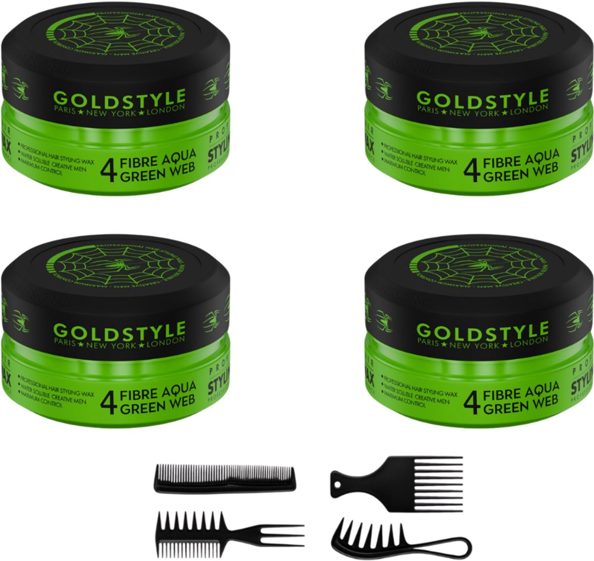 Gold Style Fibre Aqua Green Web Pomade 04 – Styling Wax 4 – 4 stuks + Styling Kammen - Haar Wax Mannen