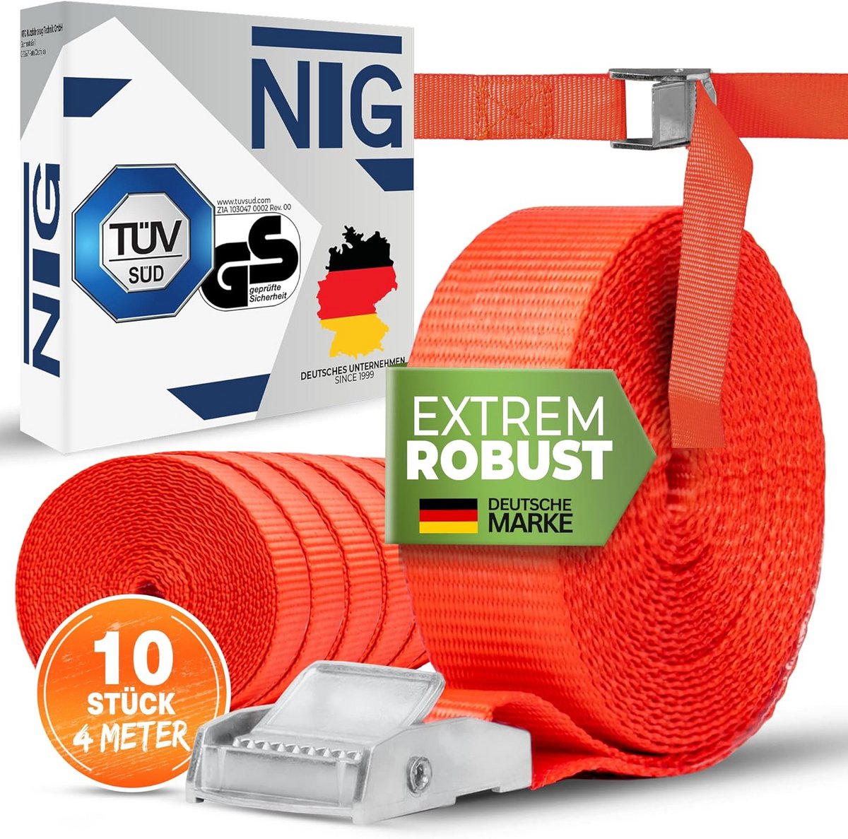 NTG 10 x 250 kg daN 4 m spanbanden met klemslot 25 mm spanriemen bevestigingsriemen DIN EN 12195-2
