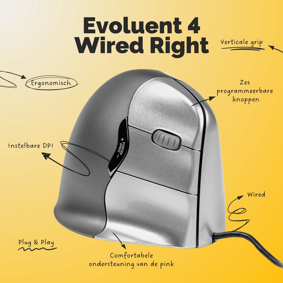 Evoluent Verticale Muis 4 – Bedraad - USB – Rechtshandig – Medium/Large – Originele Verticale Muis ter Wereld – Ergonomisch Gevormd voor Comfort – Vermindert Polsbelasting & Carpaal Tunnel – 4 DPI Standen – 6 Instelbare Knoppen (Windows) thumbnail 8