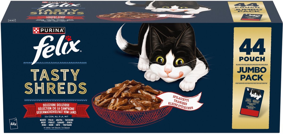 Bol.com Felix Heerlijke Reepjes Farm Selectie - Kattenvoer natvoer - Rund, Kip, Eend, Kalkoen - 44 x 80g aanbieding