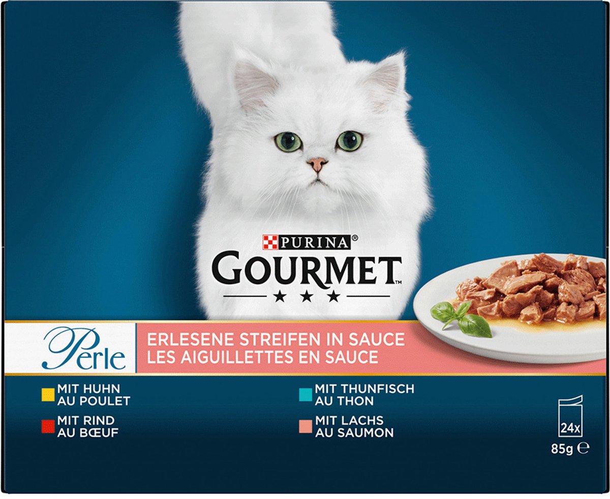 Gourmet GOURMET PERLE Verfijnde reepjes in saus (kip, rundvlees, tonijn, zalm) (1 x 24 x 85g)