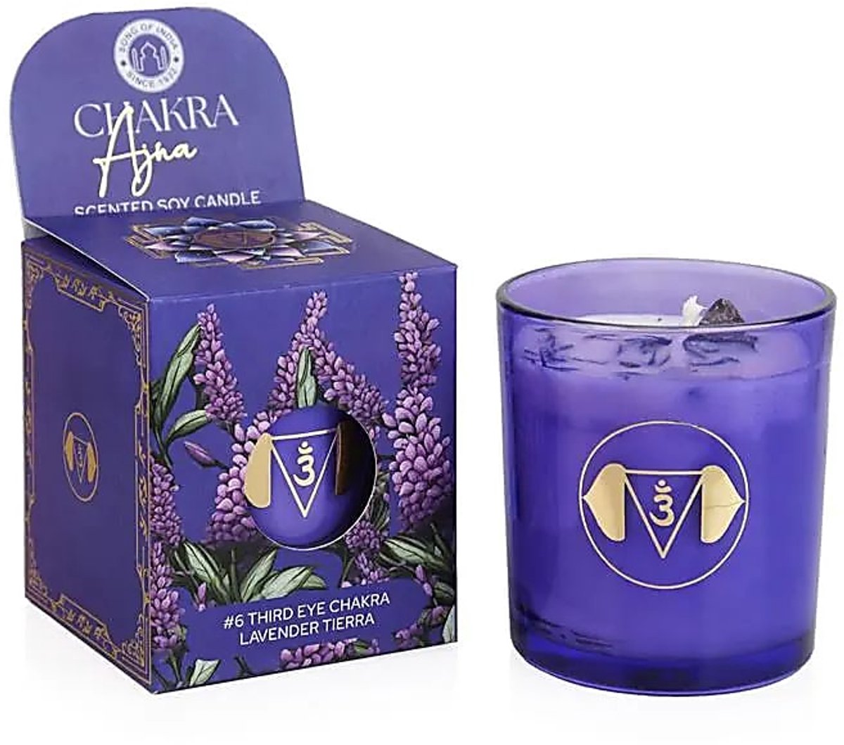 Phoenix Import Mani Bhadra Soja geurkaars Ajna chakra lavendel tierra – Ø7 cm x 8 cm licht paars