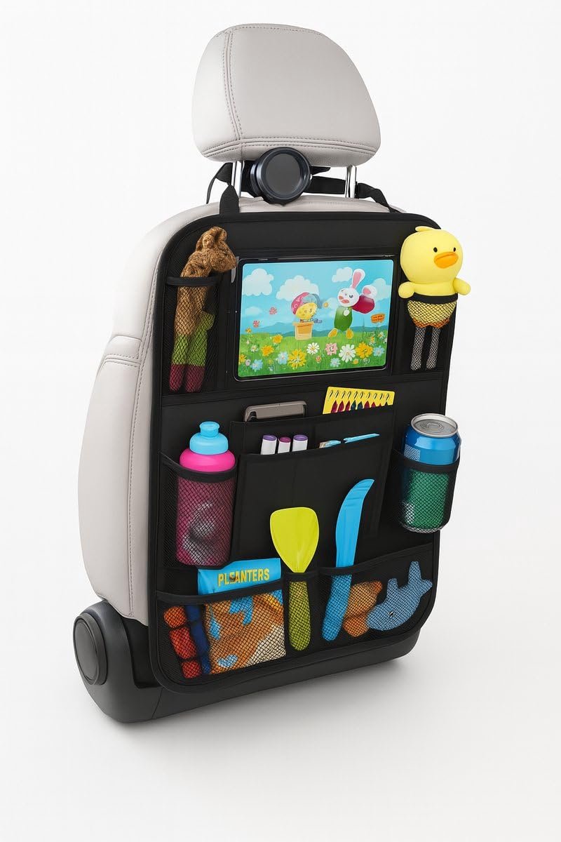 Okado Autostoel Organizer met Tablethouder – Stoelrug Organizer Auto – 9 Opbergvakken + 2 Bekerhouders – Waterafstotend & Makkelijk Schoon te Maken – Universele Pasvorm – Zwart