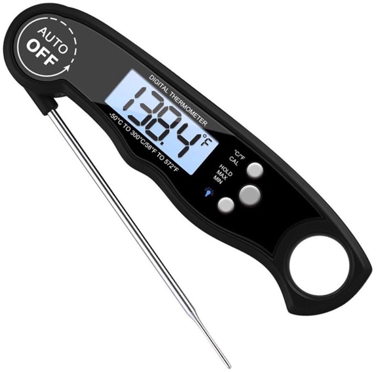 Okado Digitale Keukenthermometer met Sonde – Vlees-/BBQ Thermometer IP67 Waterdicht – LCD Display met Achtergrondverlichting – °C/°F – Min/Max & Hold – Magneet + Ophangoog – -50 tot 300°C – Zwart