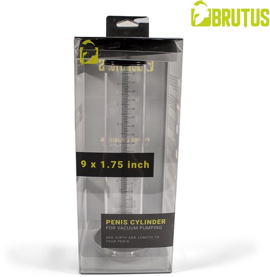 Brutus penis cilinder voor vacuümpompen, 9 x 1.75 inch, in verpakking.