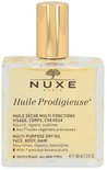 Rechthoekige glazen fles Nuxe Huile Prodigieuse dry oil met gouden dop, op een witte achtergrond.