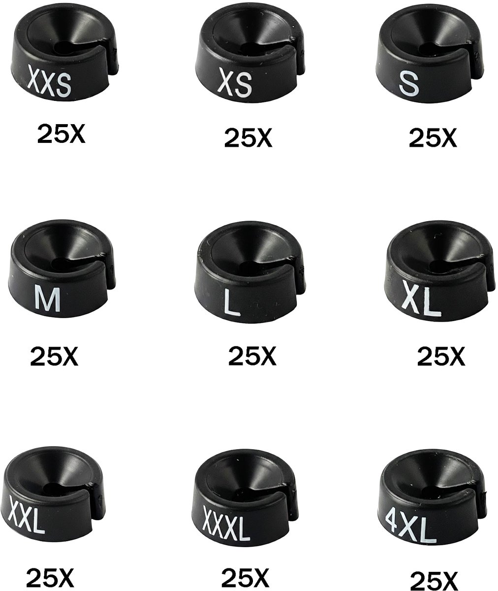 Maatdopjes Kledinghanger Zwart – Maataanduiders / Mark-brics MB-1 / Wizersizers – XXS t/m XXXXL – 225 Stuks