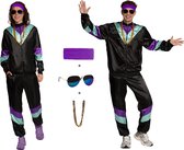 Partyxclusive 5-Delig Fout Trainingspak Jas/Broek/Hoofdband/Ketting/Bril Jaren 80 & 90 Kostuum Disco Foute Party Outfit Dames en Heren Retro Verkleedkleding Carnavalskleding Heren Carnavalskleding Dames - Polyester - Zwart - Maat S