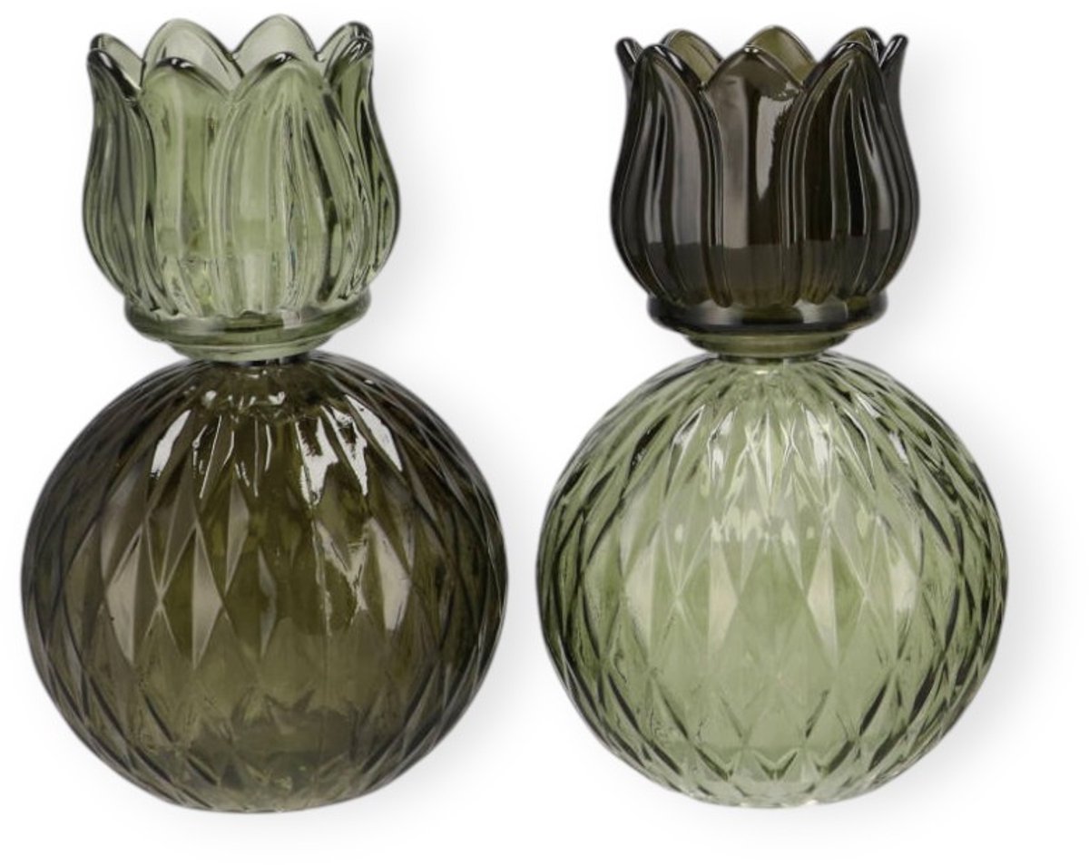 Daan Kromhout - Waxine houders - Kaarsenhouders - Set van 2 - Tulp - Glas - Bol - Groen Mix - 11x17cm