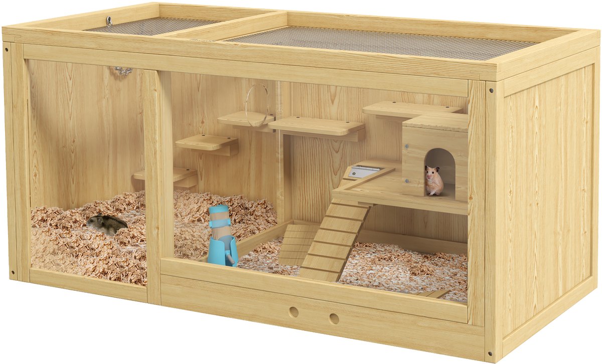 Kleintierkäfig Aus Tannenholz – Mit Zubehör & Tränke, 100 x 50 x 50 cm, Natur