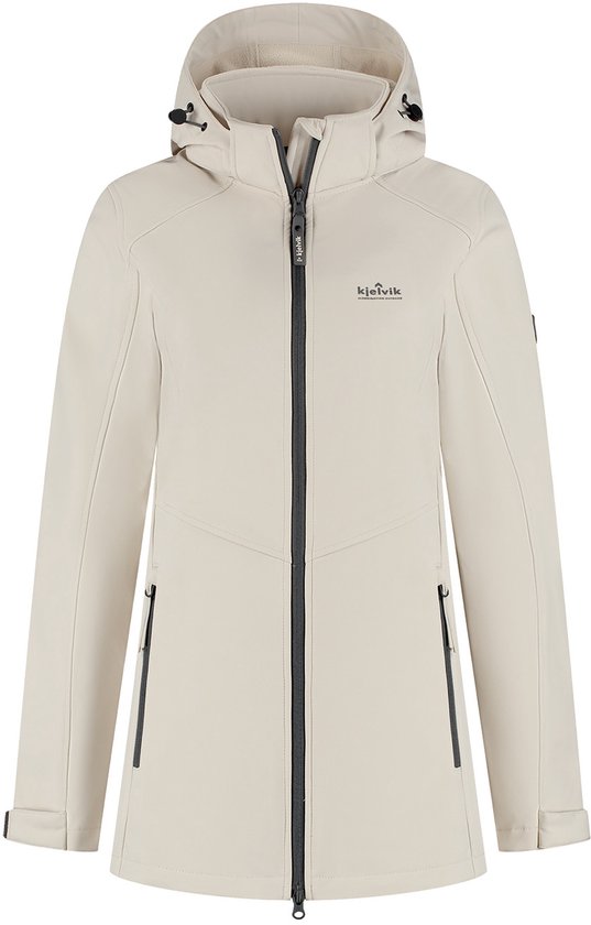 Licht beige Kjelvik outdoorjas met rits en capuchon. Twee ritszakken op de voorkant. Met Kjelvik logo op de linkerborst.
