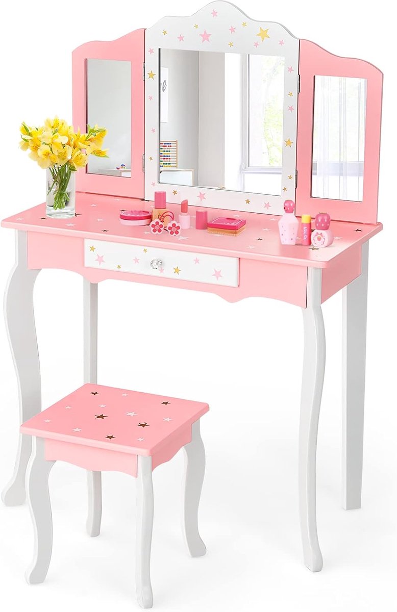 KOMFOTTEU Make-uptafel voor kinderen, met kruk, prinsessen-kaptafel met afneembare klapspiegel, houten kaptafel met lade voor meisjes, 3 jaar en ouder